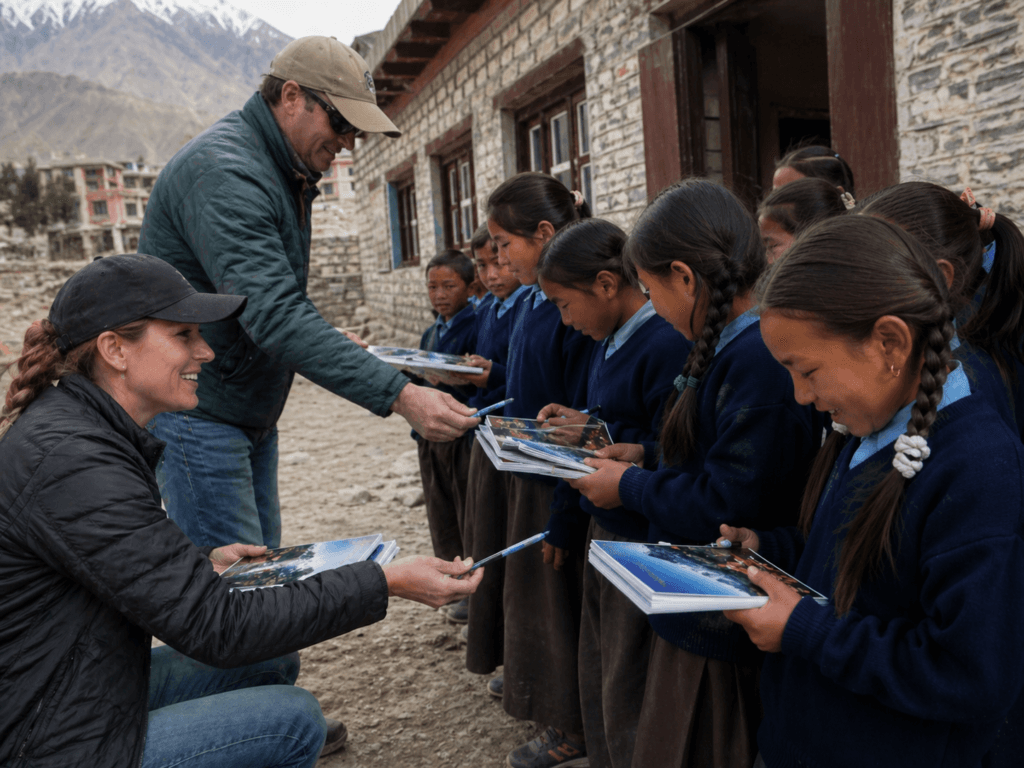 school children receiving stationery in Mustang