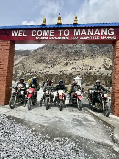 Riders in Manang on their motorcycle after the ride and trek around the Manang region.