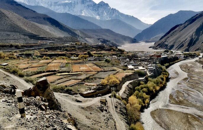 The historic village of Kagbeni in Mustang, Nepal, a prominent stop along the rugged adventure motorcycle and trekking route en route to Muktinath and Lomanthang.