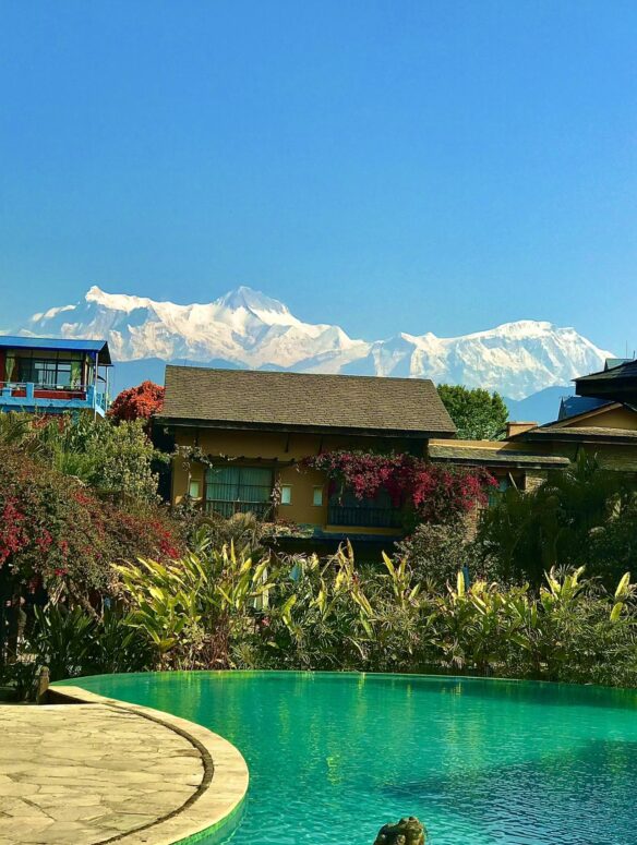 Enjoying a view of Dhaulagiri Himalayas from the base of the hotel in Pokhara
